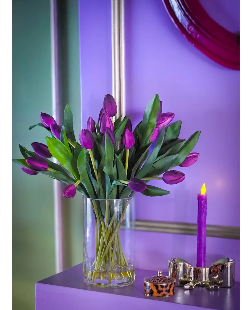 Zijden kunstboeket Tulpen in vaas Paars - Image 6